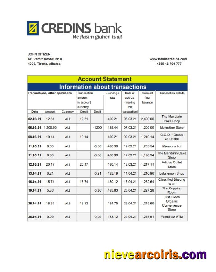 Albania Credins bank statement in Excel and PDF format